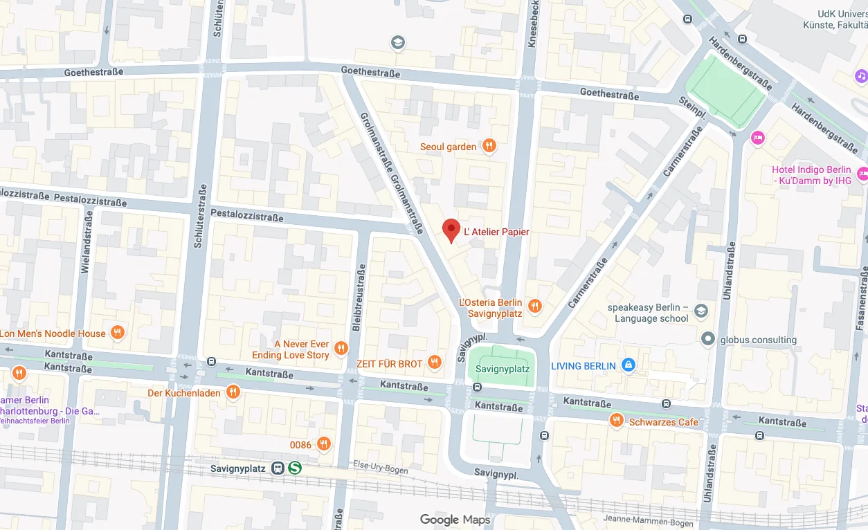 Kartenausschnitt von Google Maps: L' Atelier Papier in der Grolmanstraße, nahe Savignyplatz und Kantstraße in Berlin-Charlottenburg