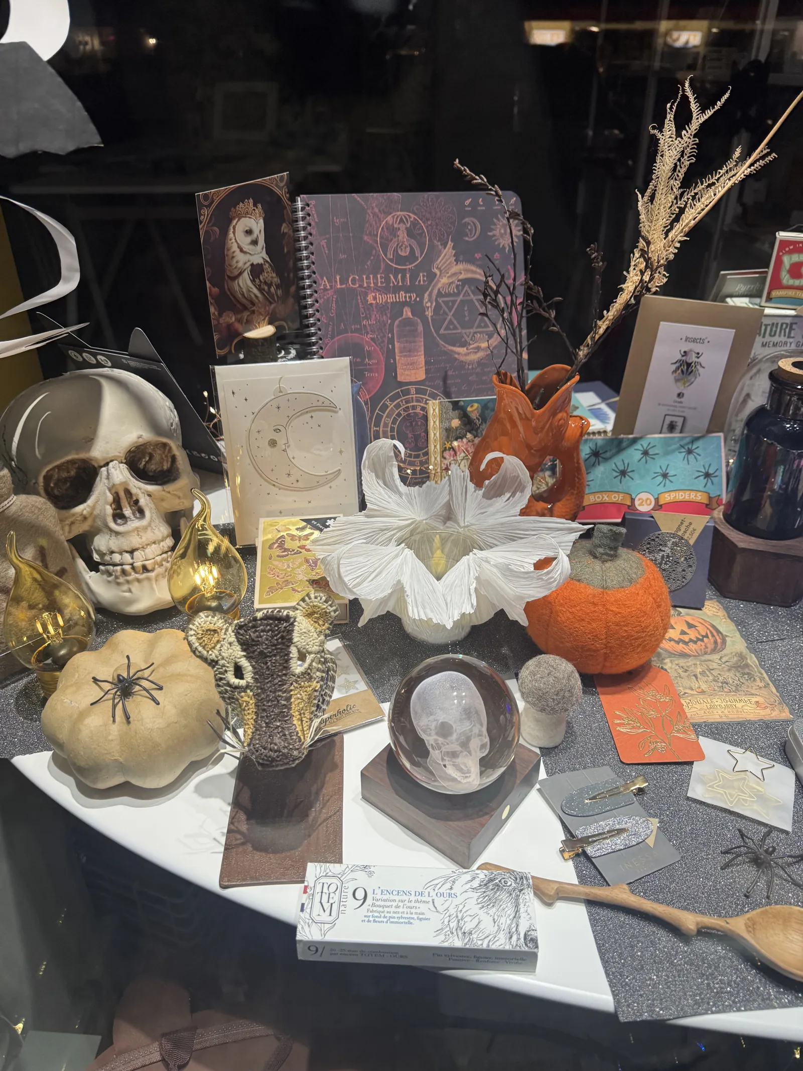Halloween-Schaufenster von L' Atelier Papier: Totenkopf, Papierblüte, Filzkürbis, Glaskugel und Alchemie-Notizbuch