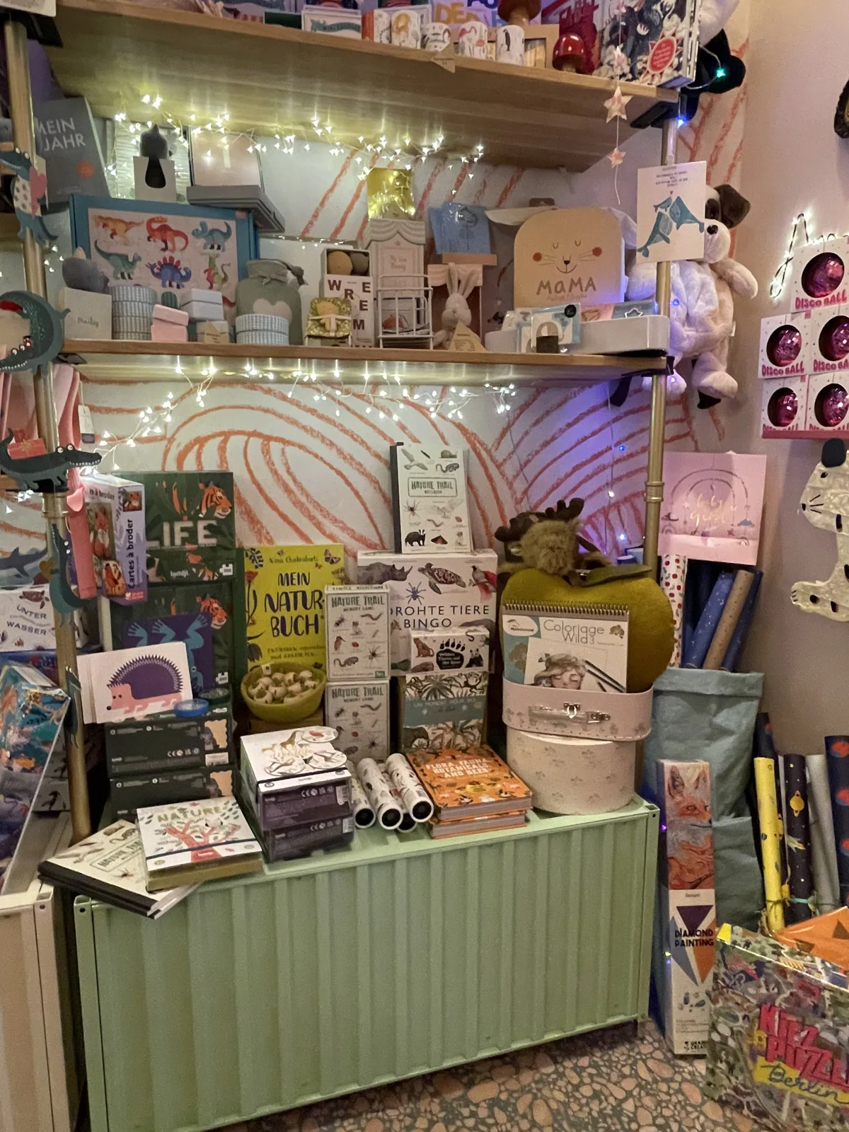 Regal mit Naturbüchern, Spielen und Papeterie für Kinder unter einer Lichterkette